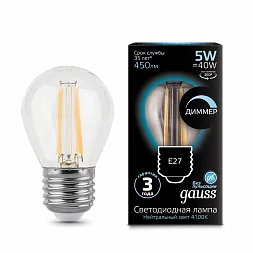 Лампа Gauss Filament Шар 5W 450lm 4100К Е27 диммируемая LED 1/10/50