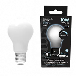 Лампа Gauss Filament А60 10W 860lm 4100К Е27 milky диммируемая LED 1/10/40