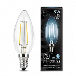 Лампа Gauss Filament Свеча 9W 710lm 4100К Е14 LED 1/10/50